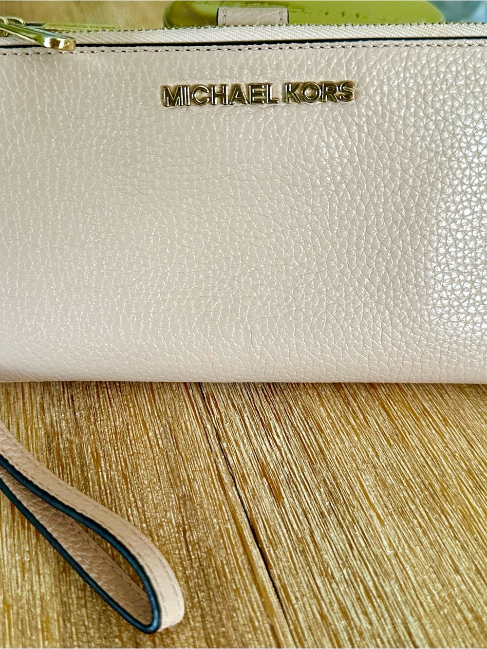 Michael Kors Pebbled Leather Wristlet in Pale Pink with Gold Hardware